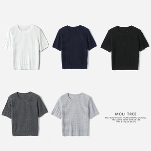 干爽舒适圆领绞花并珠片短袖 茉莉雅集 针织套衫 WZT09140