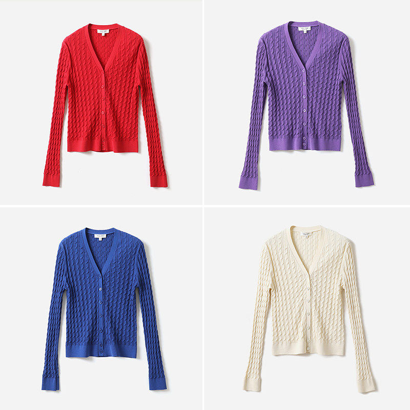 *WZK07112 茉莉雅集 R*L斯文儒雅小麻花干爽全棉V领针织开衫春夏