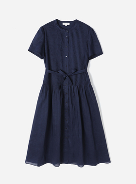 *WLQ09024  茉莉雅集 精致优雅圆领重工塔克苎麻短袖连衣裙夏女