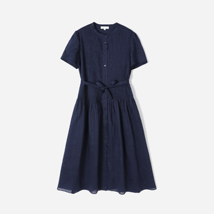 *WLQ09024  茉莉雅集 精致优雅圆领重工塔克苎麻短袖连衣裙夏女