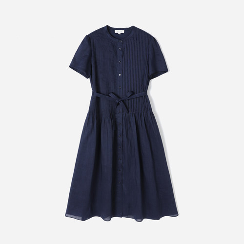 *WLQ09024  茉莉雅集 精致优雅圆领重工塔克苎麻短袖连衣裙夏女
