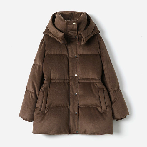 WYR07123 I*C匈牙利95白鹅绒真丝驼绒大翻领连帽一手长羽绒服