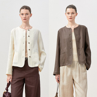 WWT07356 茉莉雅集 复古静奢文艺休闲轻盈细薄全亚麻圆领外套女