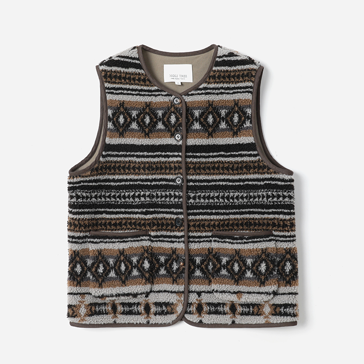 *WWT07016 茉莉雅集 复古费尔岛印花颗粒绒保暖舒适外套马甲女