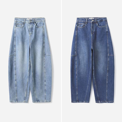 WKZ09031 茉莉雅集 轻解构分割切线匹马棉弧线茧型香蕉裤牛仔裤女