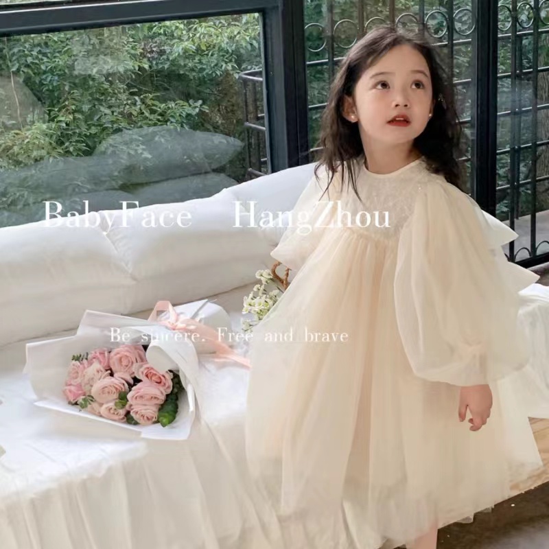 女童公主裙2025春夏季女宝宝甜美洋气长袖蓬蓬网纱裙连衣裙网纱