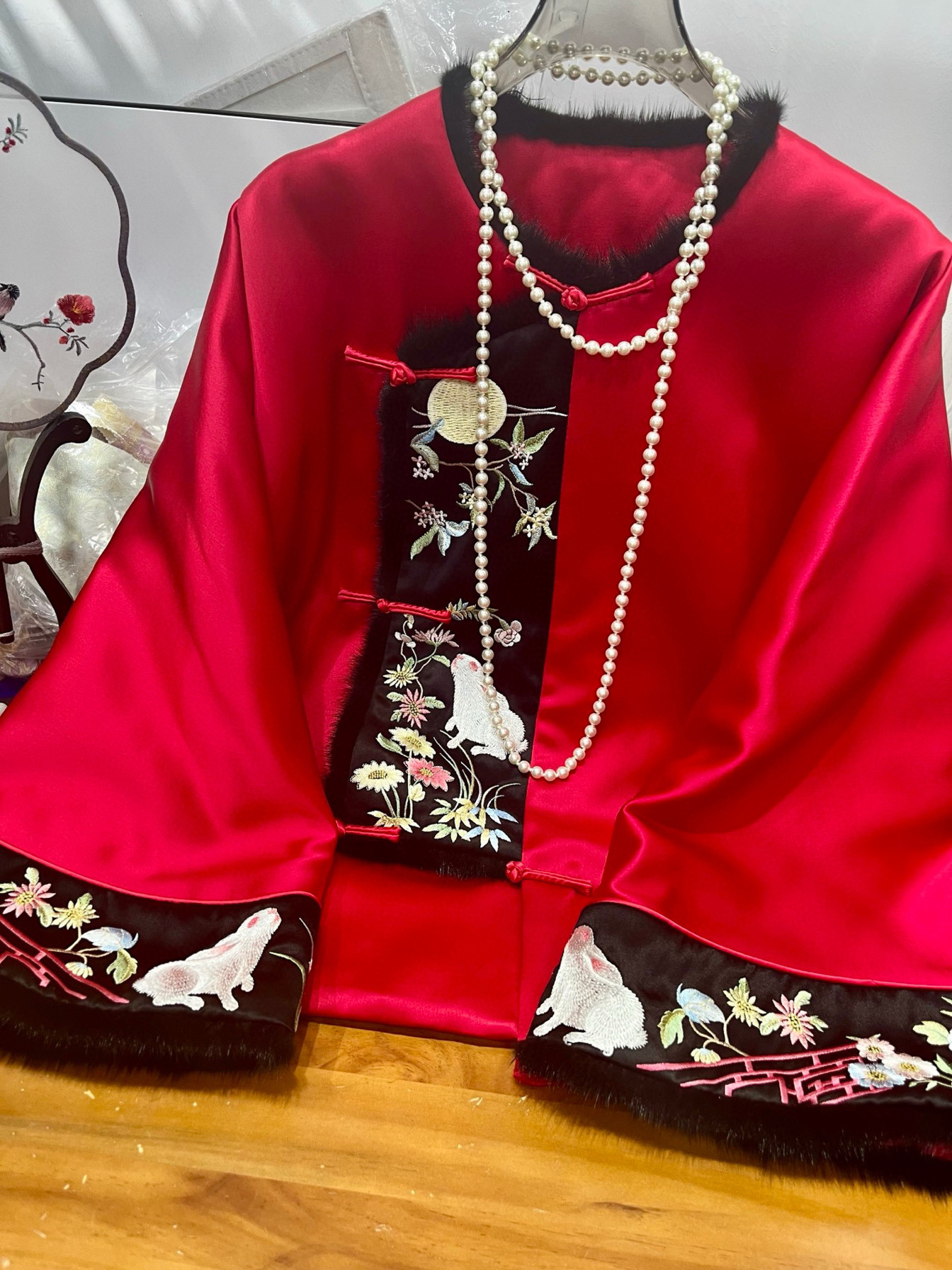 玉兔望月 新中式醋酸刺绣棉服外套水貂毛拼接加厚保暖棉衣