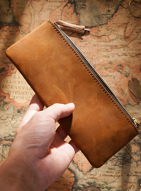 头层牛皮笔袋复古手工疯马皮拉链文具袋创意便携简约收纳学生蓝色