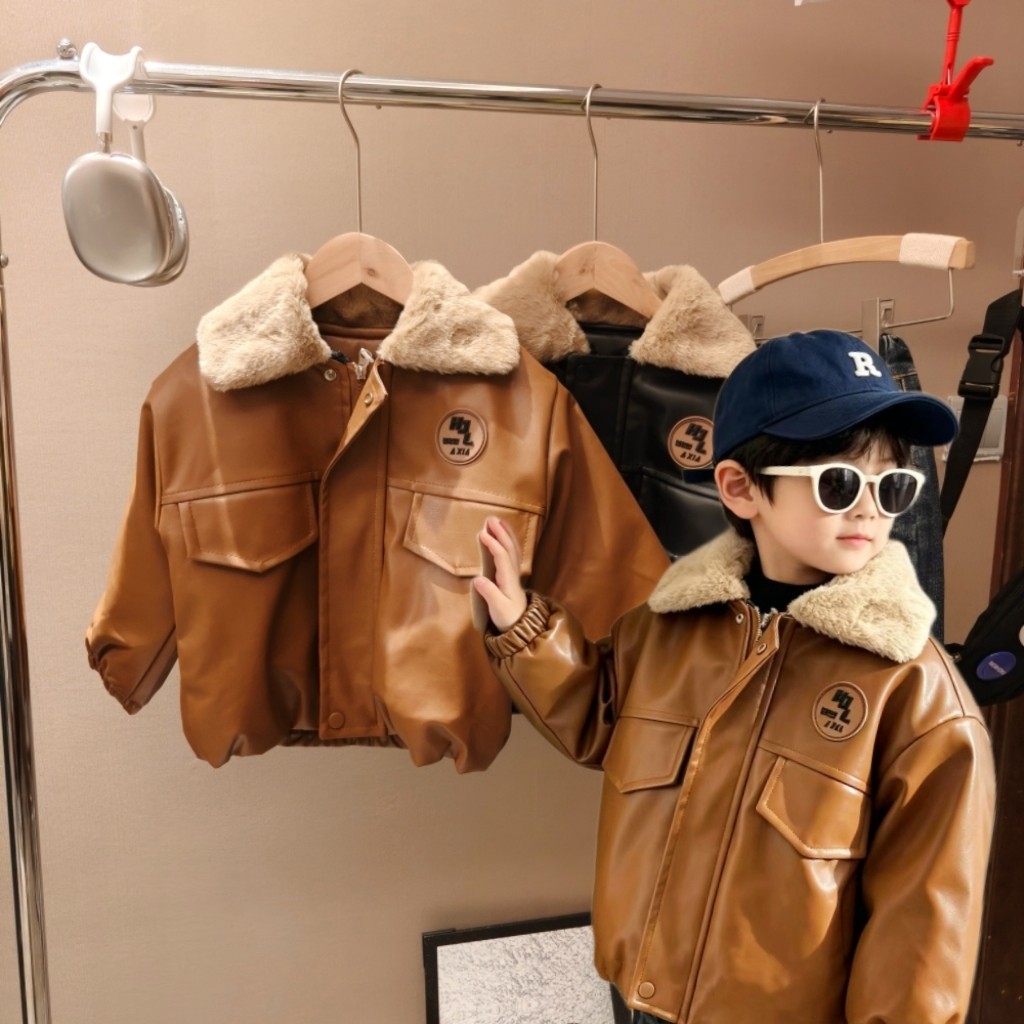 加绒皮衣酷炫小童男孩男宝外套冬款男痞帅洋气宝宝冬季加厚皮夹克