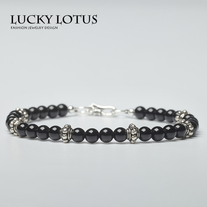 LUCKYLOTUS珠宝极细黑曜石玛瑙泰银花鼓手链男女款个性手串包邮