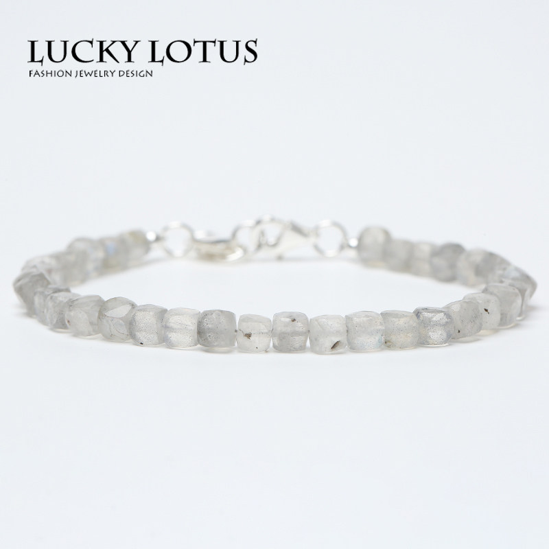 LUCKYLOTUS首饰方糖灰月光拉长石手链925银个性时尚男女手串包邮