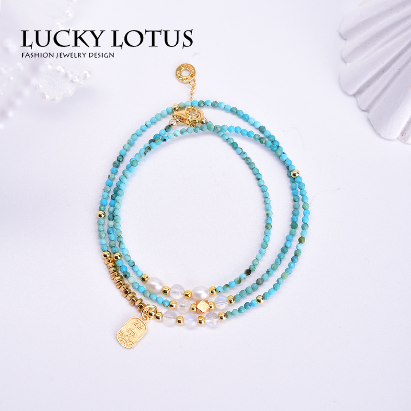 原创小众设计三圈天然石切面绿松石手链月光石女项链925银镀金ins