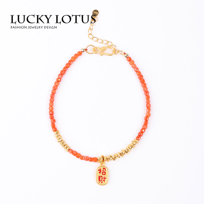 LUCKYLOTUS珠宝首饰天然南红玛瑙方糖女手链锁骨链项链古法银包邮
