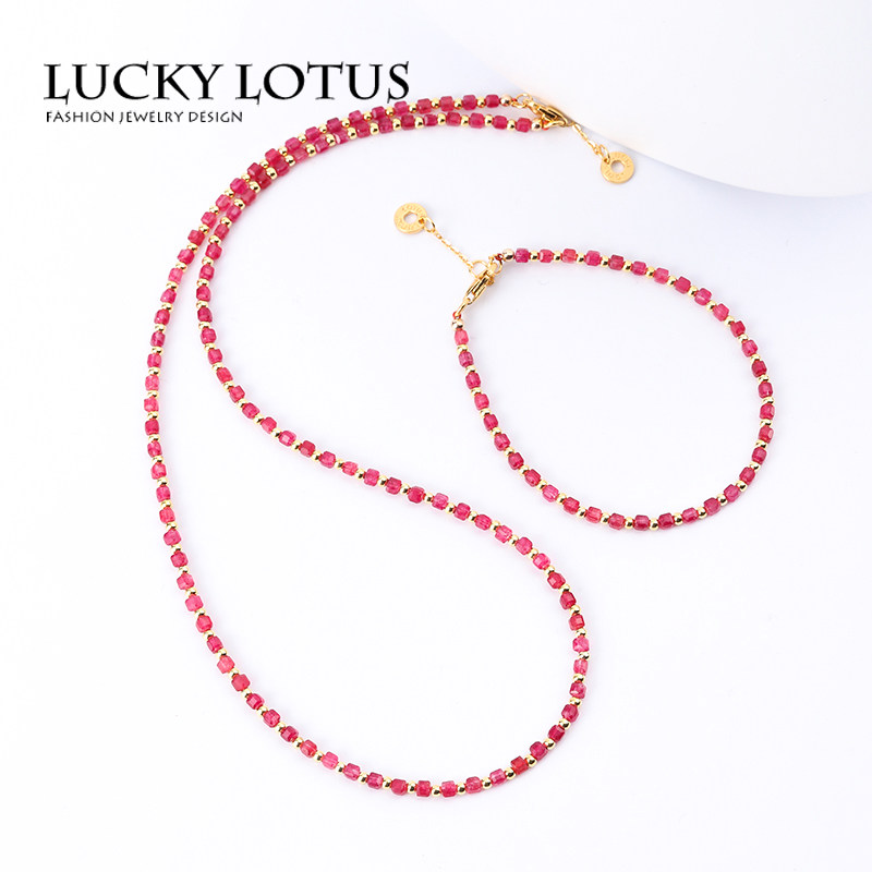 LUCKYLOTUS珠宝首饰方糖玫红玛瑙手链女锁骨链银项链简约百搭包邮
