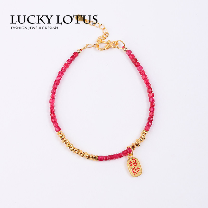 LUCKYLOTUS珠宝首饰玫红玛瑙女手链方糖玛瑙锁骨链古法银简约包邮