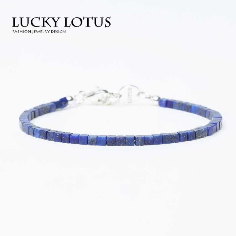 luckylotus珠宝首饰天然青金石方糖水晶男女款手链925银简约包邮