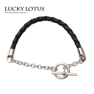 LUCKYLOTUS珠宝首饰设计款925银牛皮绳手链男女情侣个性时尚包邮