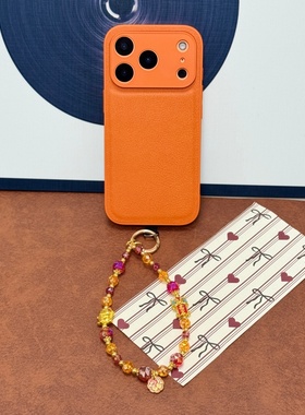 CHOWILL新年招财狮子猫挂件+橙色素皮纹全包手机壳适用iPhone17 Air 16Pro 15PM 14Promax 13/14 12 11 XR SE
