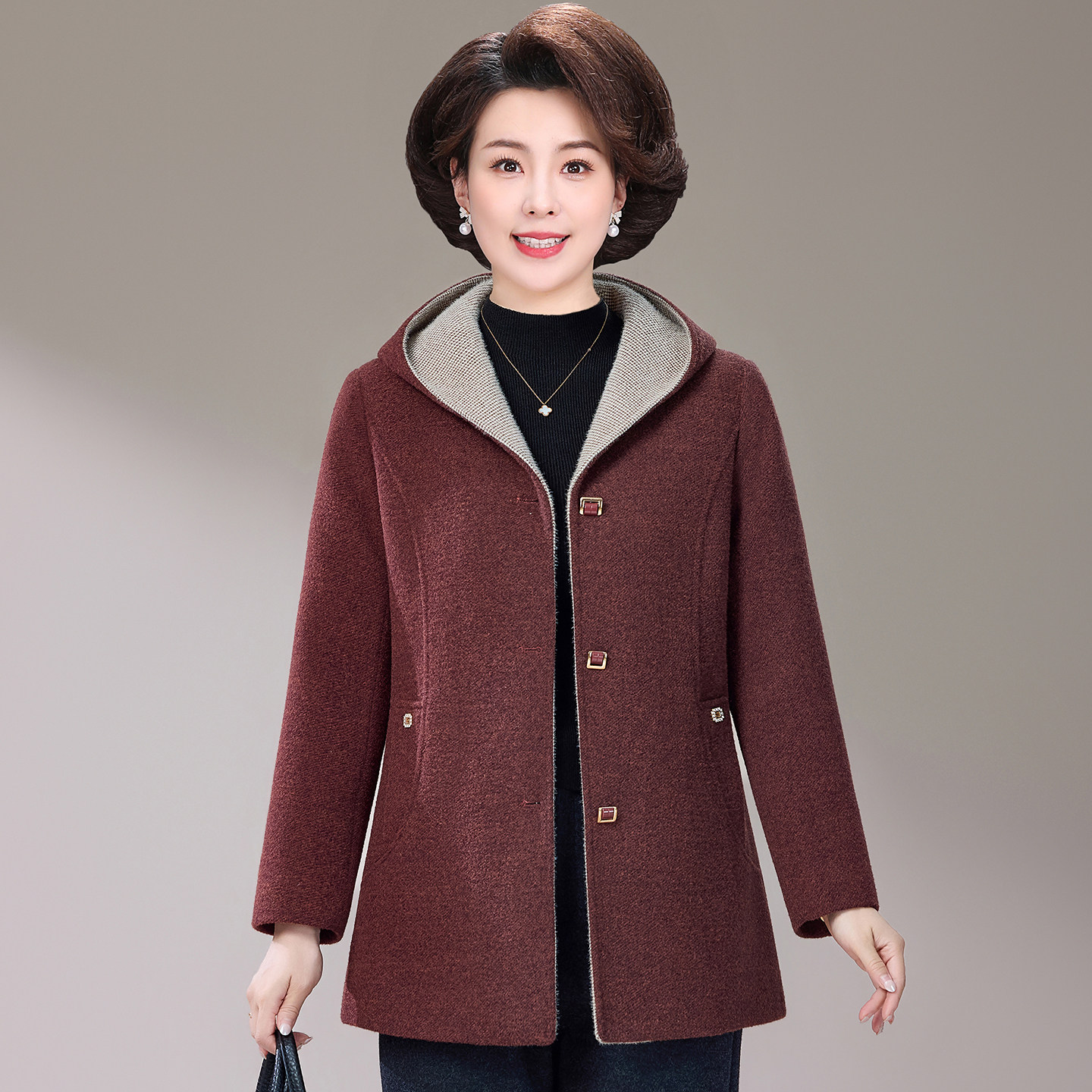 中老年女装毛呢外套休闲连帽老年人秋冬奶奶衣服时尚妈妈冬装上衣