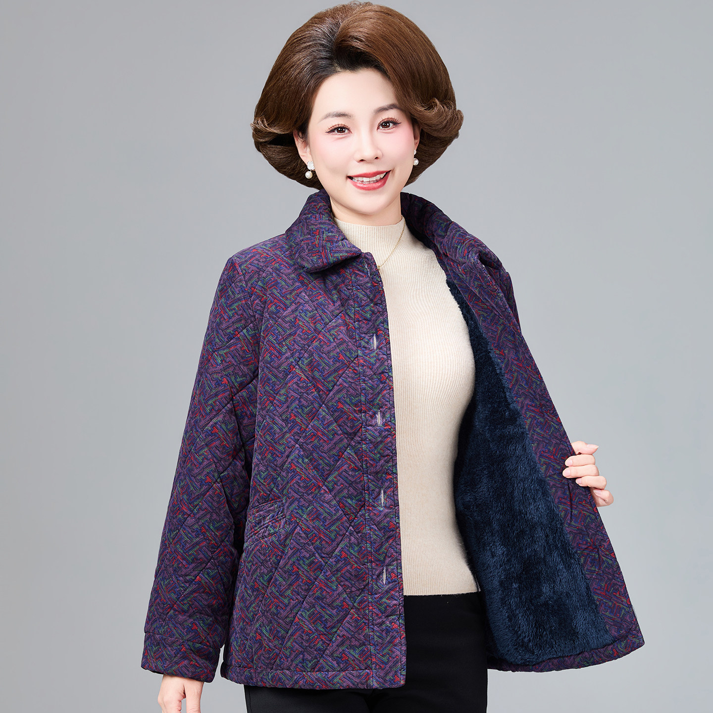 妈妈棉服外套加绒奶奶厚衣服60岁70中老年人冬装加厚灯芯绒棉袄女