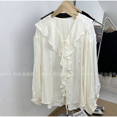 法式系带荷叶边V领衬衫女显瘦