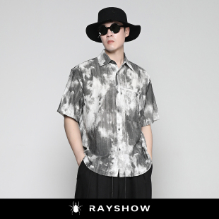 RAYSHOW2026水墨晕染天然纤维廓形短袖衬衫 夏季暗黑日系宽松衬衣