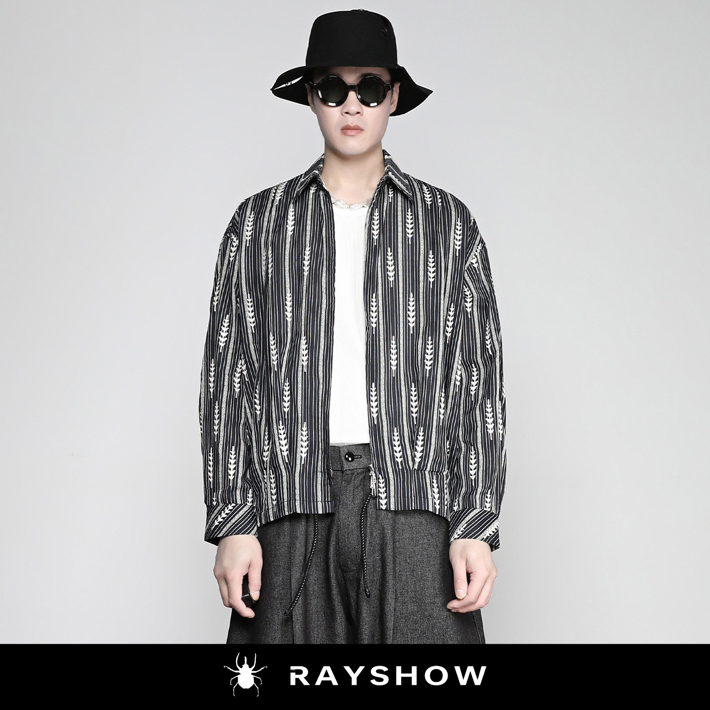 RAYSHOW「东方美学」民族风麦穗提花刺绣衬衫夹克 竖条纹宽松外套