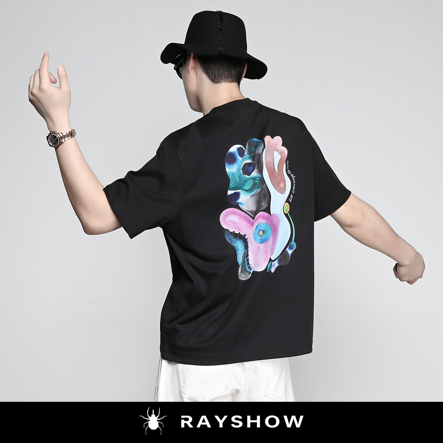 RAYSHOW小众设计 微观抽象艺术印花T恤 高支棉宽松街头短袖上衣潮