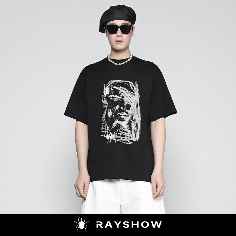 RAYSHOW·港风抽象艺术植绒印花 对位一字袖宽松休闲圆领短袖T恤