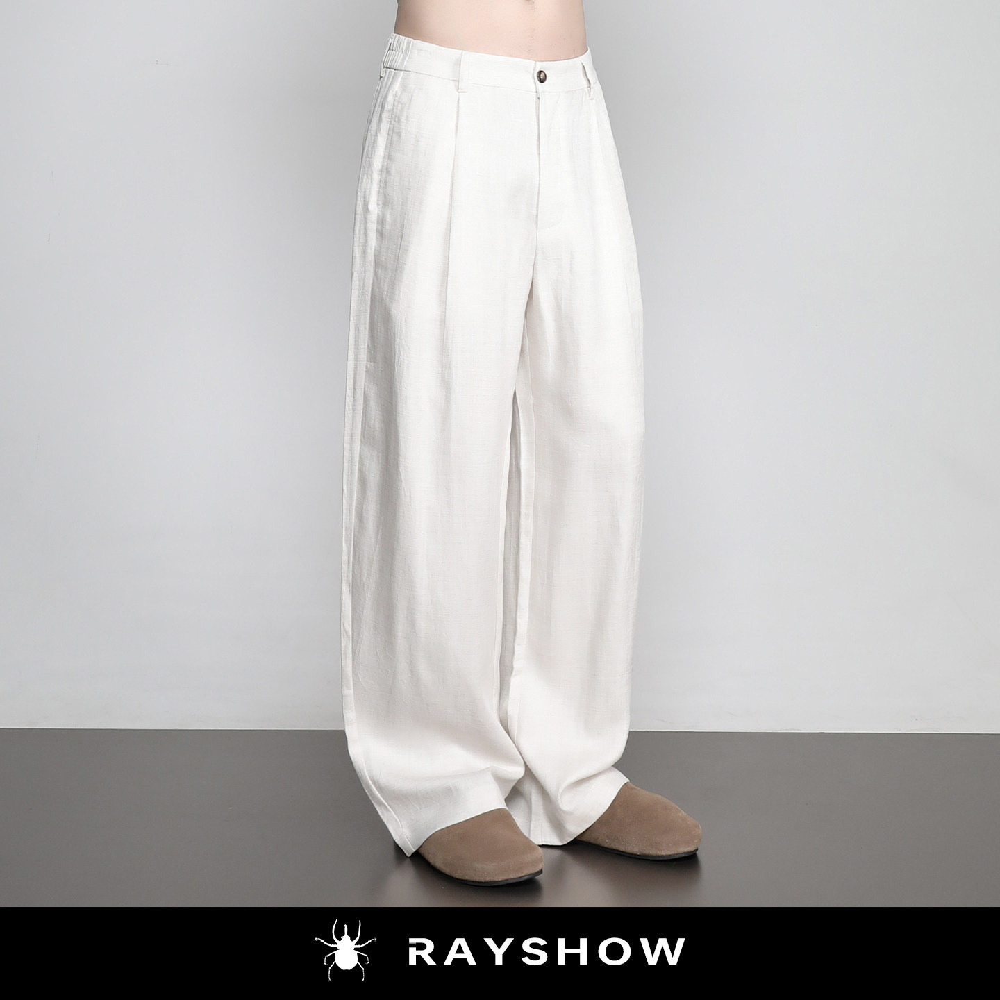 RAYSHOW老钱风莱塞尔亚麻裤男 高级感宽松垂坠松弛感白色休闲长裤