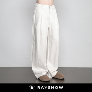 RAYSHOW老钱风莱塞尔亚麻裤男 高级感宽松垂坠松弛感白色休闲长裤