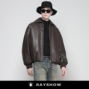 RAYSHOW·雷修 复古咖色羽绒服外套男保暖 收缩下摆90%白鸭绒皮衣