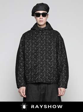 RAYSHOW·雷修港风小众高级暗黑系人字纹PTK宽松连帽毛呢夹克外套