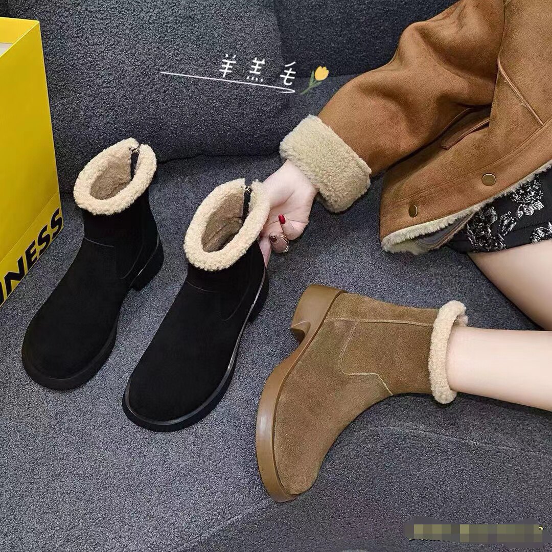 2025冬新款包邮女靴品牌真皮磨砂皮后拉链低跟欧美时尚短靴雪地靴