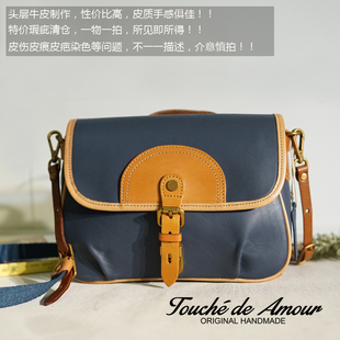 瑕疵蓝灰脏污！捡漏撞色女款英伦单肩手提斜挎真皮牛皮男款邮差包