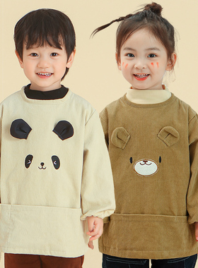 宝宝罩衣灯芯绒男童吃饭防脏防水围兜儿童秋冬可爱长袖纯棉反穿衣