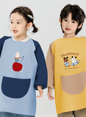儿童长袖罩衣幼儿园美术书法防脏反穿衣学生画画防水围裙可印logo