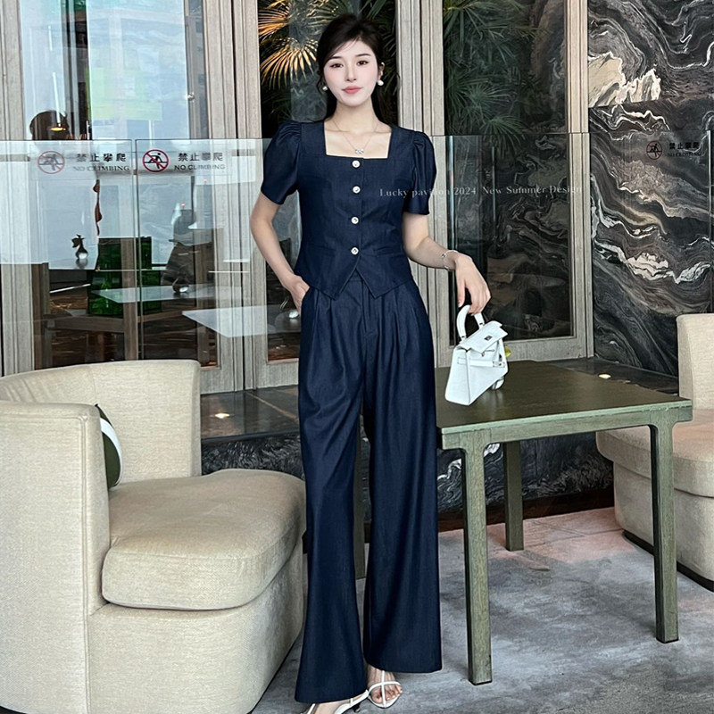 幸运阁2024夏阔腿长裤时尚套装女
