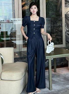 幸运阁2024夏阔腿长裤时尚套装女