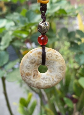 天然台湾珊瑚玉菊花石平安扣吊坠