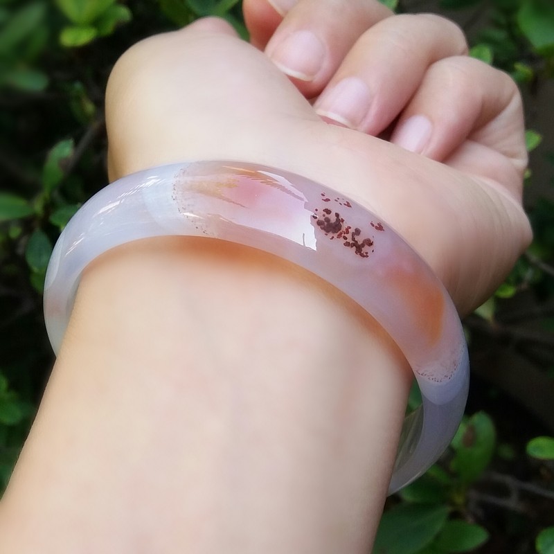 现货巴西纯天然俏色朱砂玛瑙手镯女款手环镯子手饰缠丝通透58mm