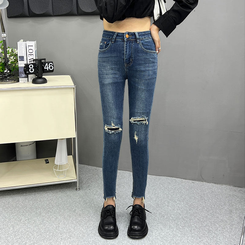 蓝色小脚破洞牛仔裤女2024秋季新款高腰修身显瘦九分小个子铅笔裤