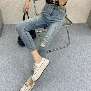 2024年春季新小个子高腰破洞弹力铅笔裤紧身显瘦九分小脚牛仔裤女