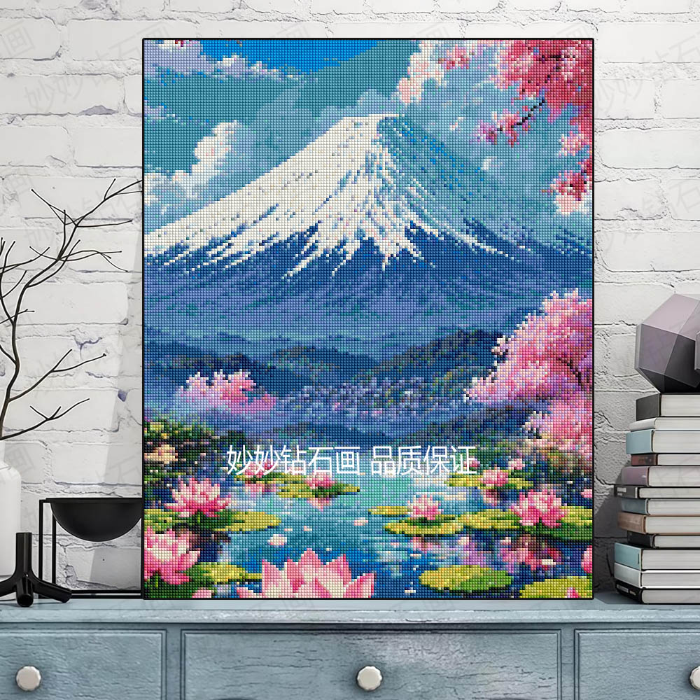 日本Fuji富士山满钻石画樱花女孩子5diy手工砖石十字绣客厅装饰画