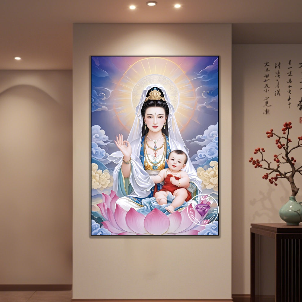 送子观世音菩萨娘娘钻石画客厅佛堂装饰画5DIY手工成人点钻十字绣