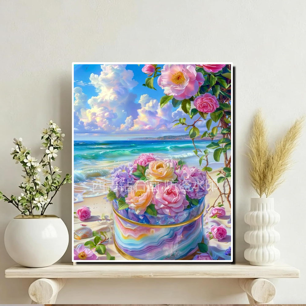 高颜值方钻粉色玫瑰海滩风景钻石画女孩高难度DIY手工点钻十字绣
