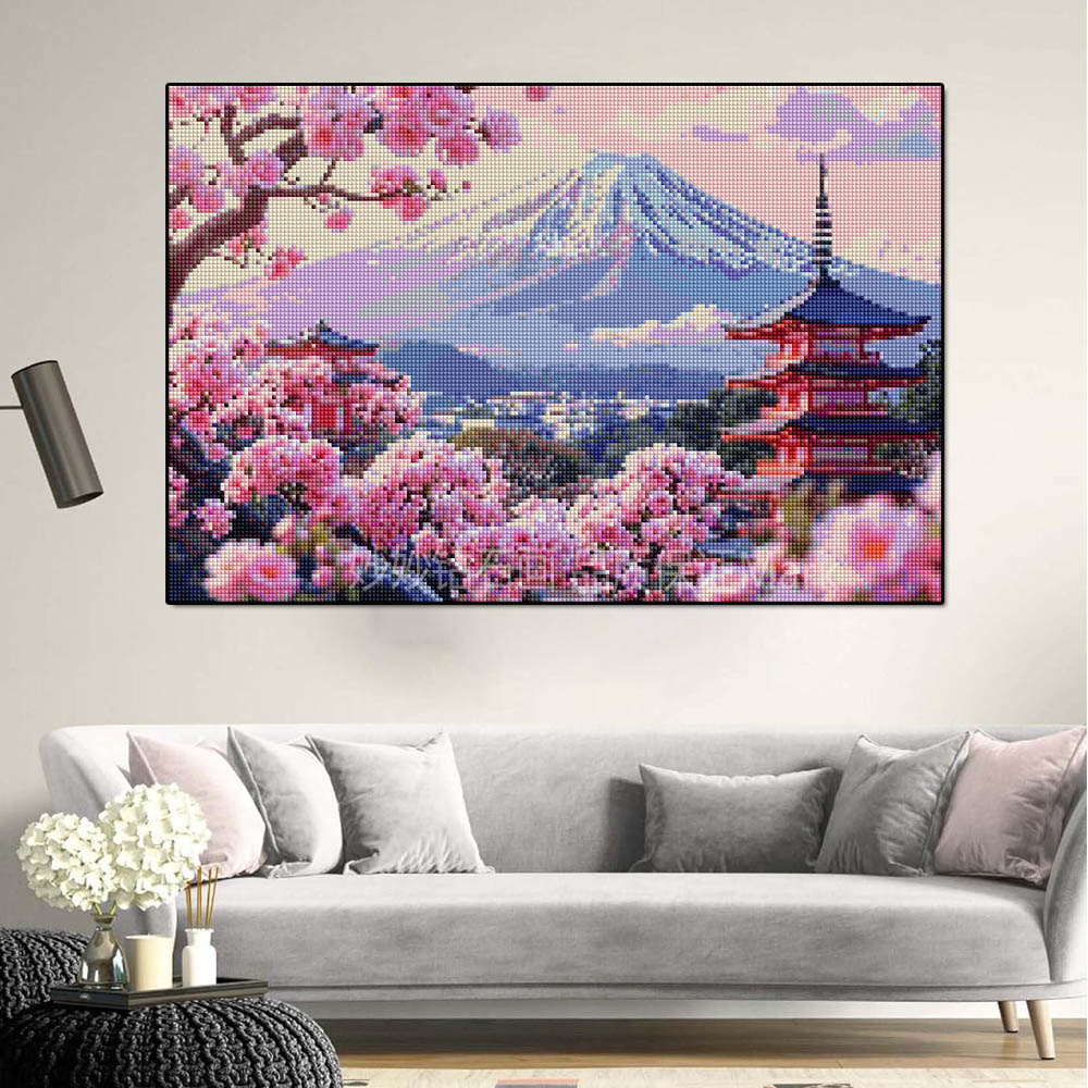 高颜值日本富士山全贴钻石画樱花风景成人手工DIY砖石点钻十字绣
