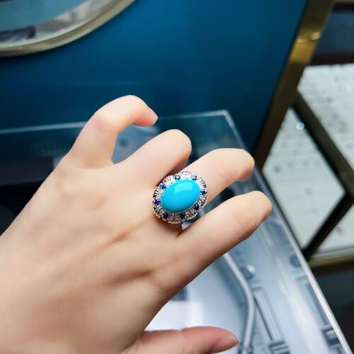 天然原矿美国睡美人蓝松石戒指主石尺寸18.2x13.2mm10ct总重8.43g