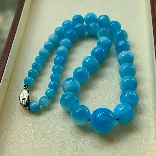 冰种海纹石塔链，火山蓝，冰种全玉化，规格：17—7.5mm，90.5克