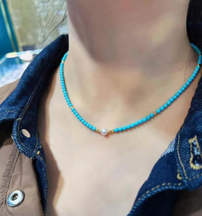 天然原矿美国睡美人蓝松石项链搭配海水珍珠松石直径3.5 4mm7.9g